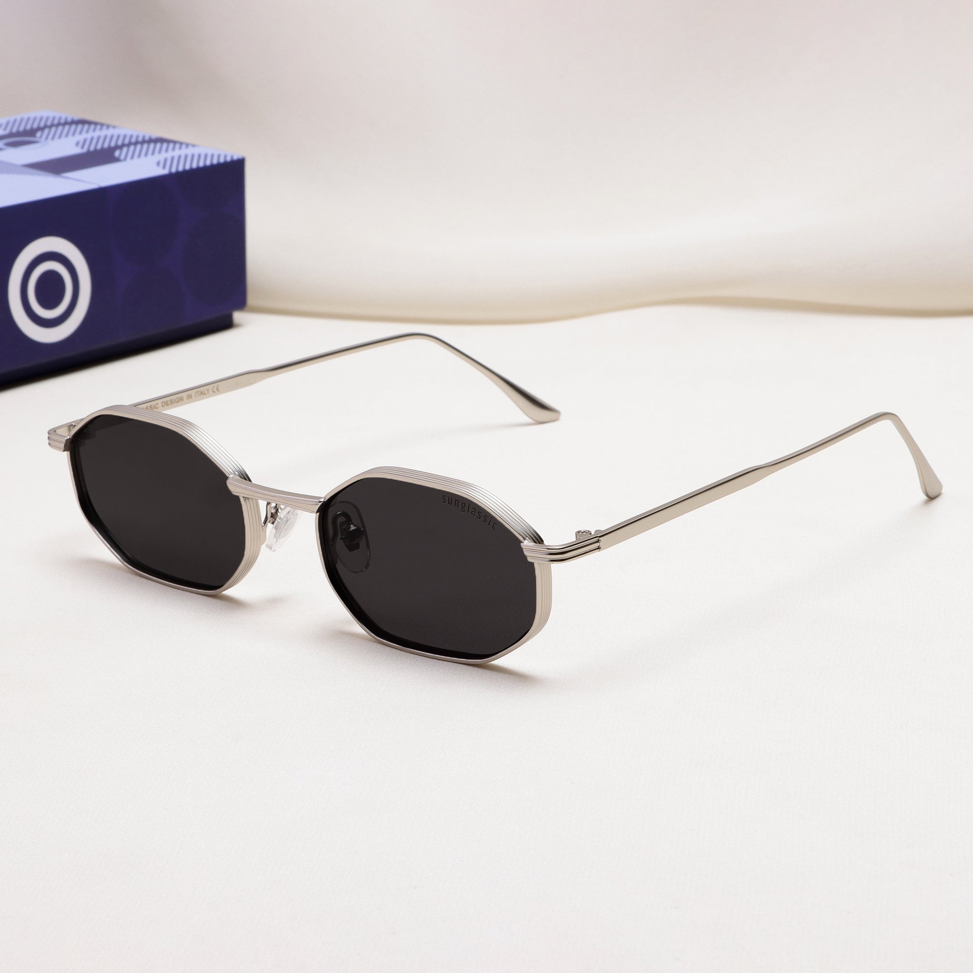 Opulent Silver Black Hexagon Sunglasses