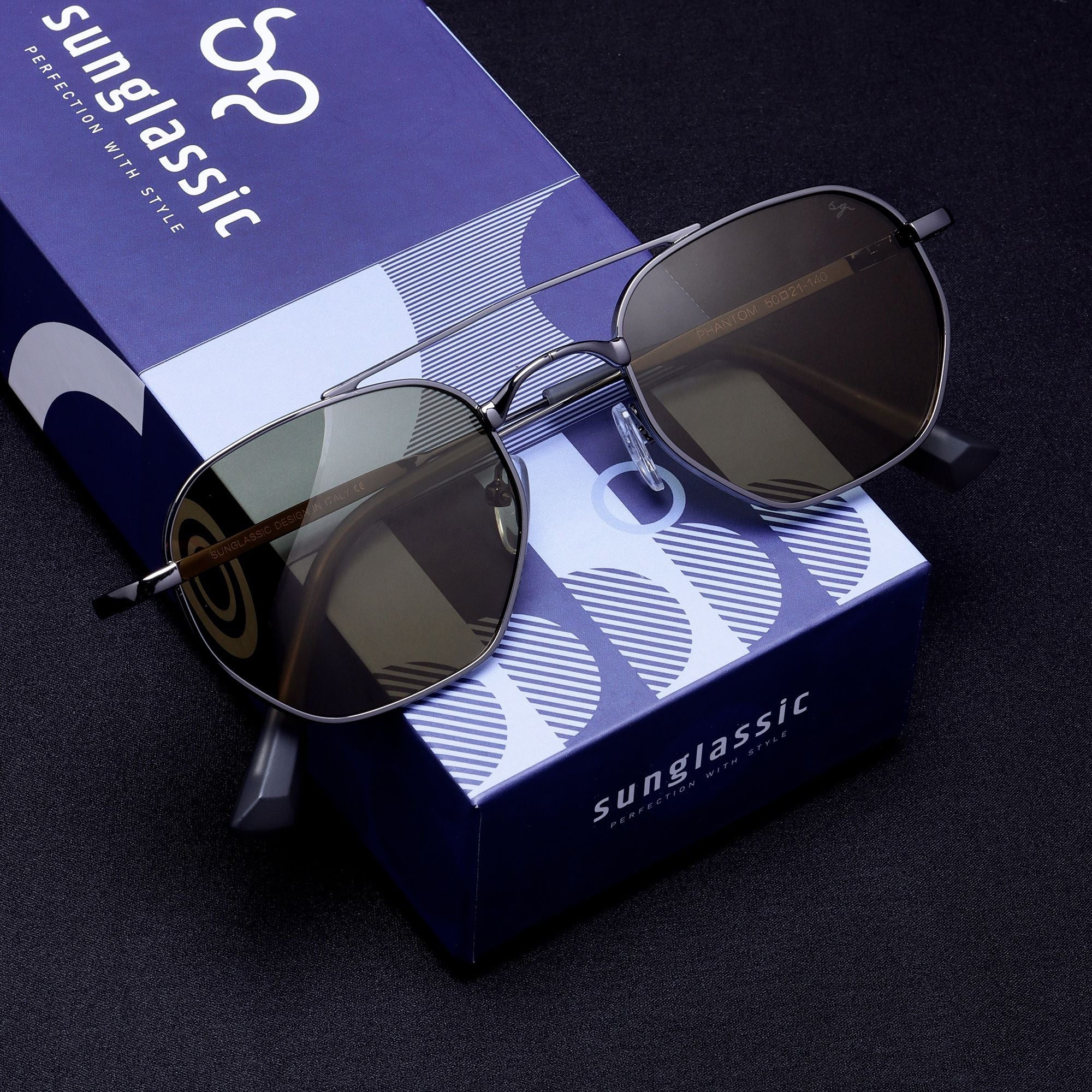 Phantom Gun-Silver Green Hexagon Sunglasses