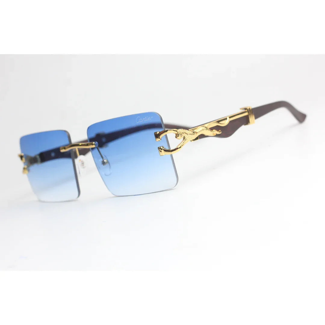 Cartier - RR46 - Golden -  Wooden Texture - Rimless - Metal - Rectangle - Sunglasses - Eyewear