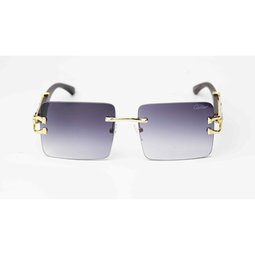 Cartier - RR46 - Golden -  Wooden Texture - Rimless - Metal - Rectangle - Sunglasses - Eyewear