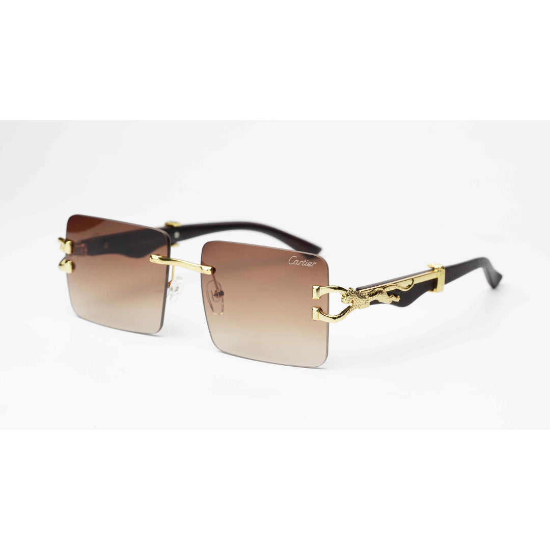 Cartier - RR46 - Golden -  Wooden Texture - Rimless - Metal - Rectangle - Sunglasses - Eyewear