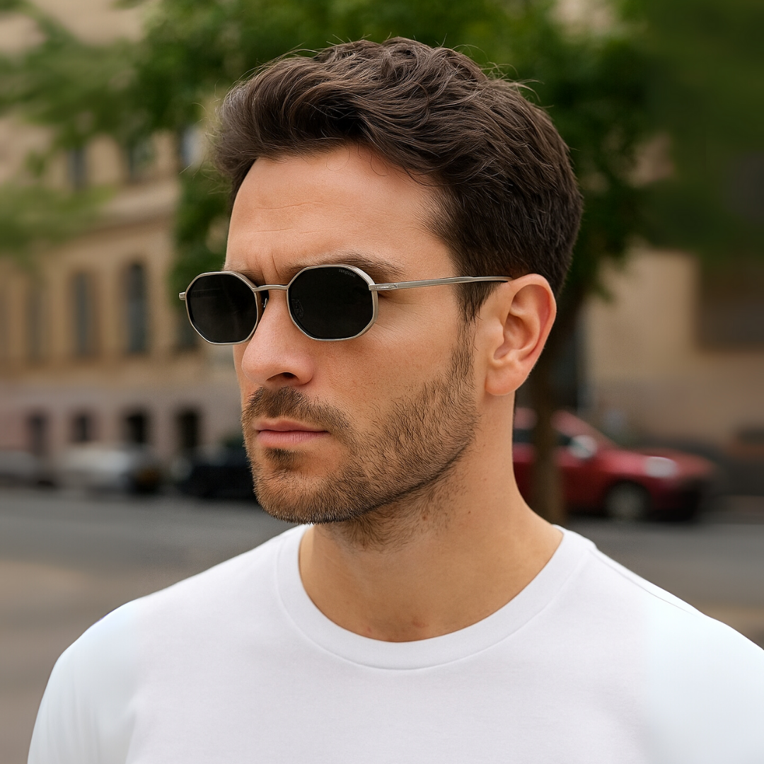 Opulent Silver Black Hexagon Sunglasses