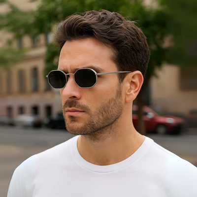 Opulent Silver Black Hexagon Sunglasses