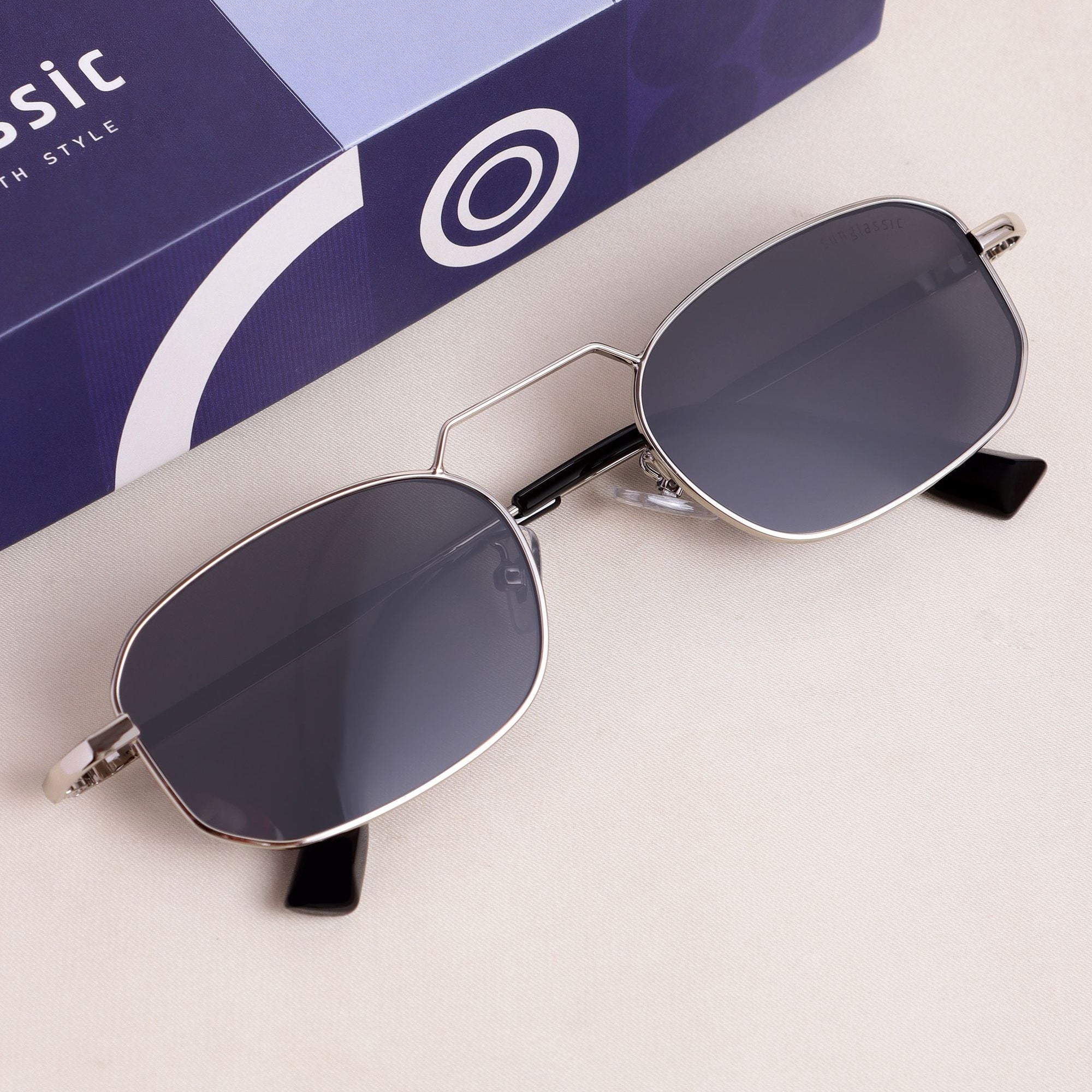 Imperio Silver Black Rectangle Sunglasses for Men & Women | UV400