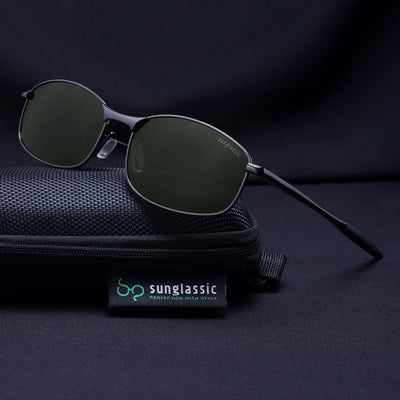 Swiftor Gun Black Green Polarized Rectangle Sunglasses | UV400
